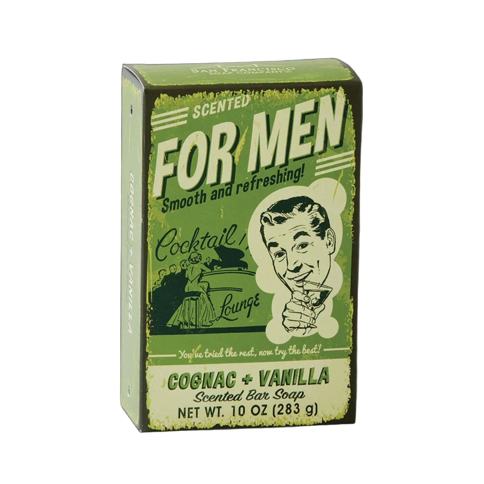 Bar soap packaging for men with vintage design elements on a white background