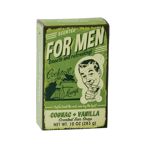 Bar soap packaging for men with vintage design elements on a white background