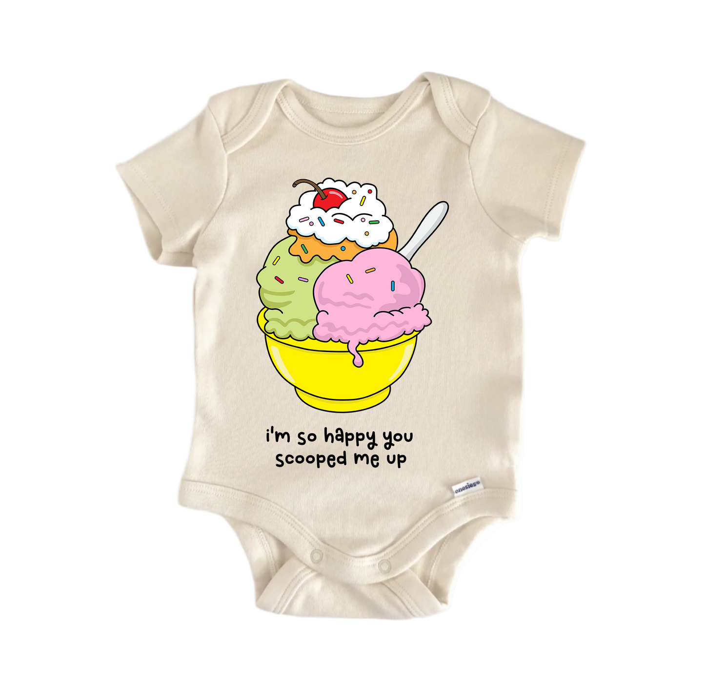 Beige baby onesie with ice cream graphic and text on a white background