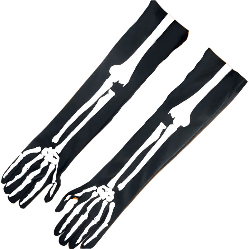 Black skeleton gloves with white bone details on a white background