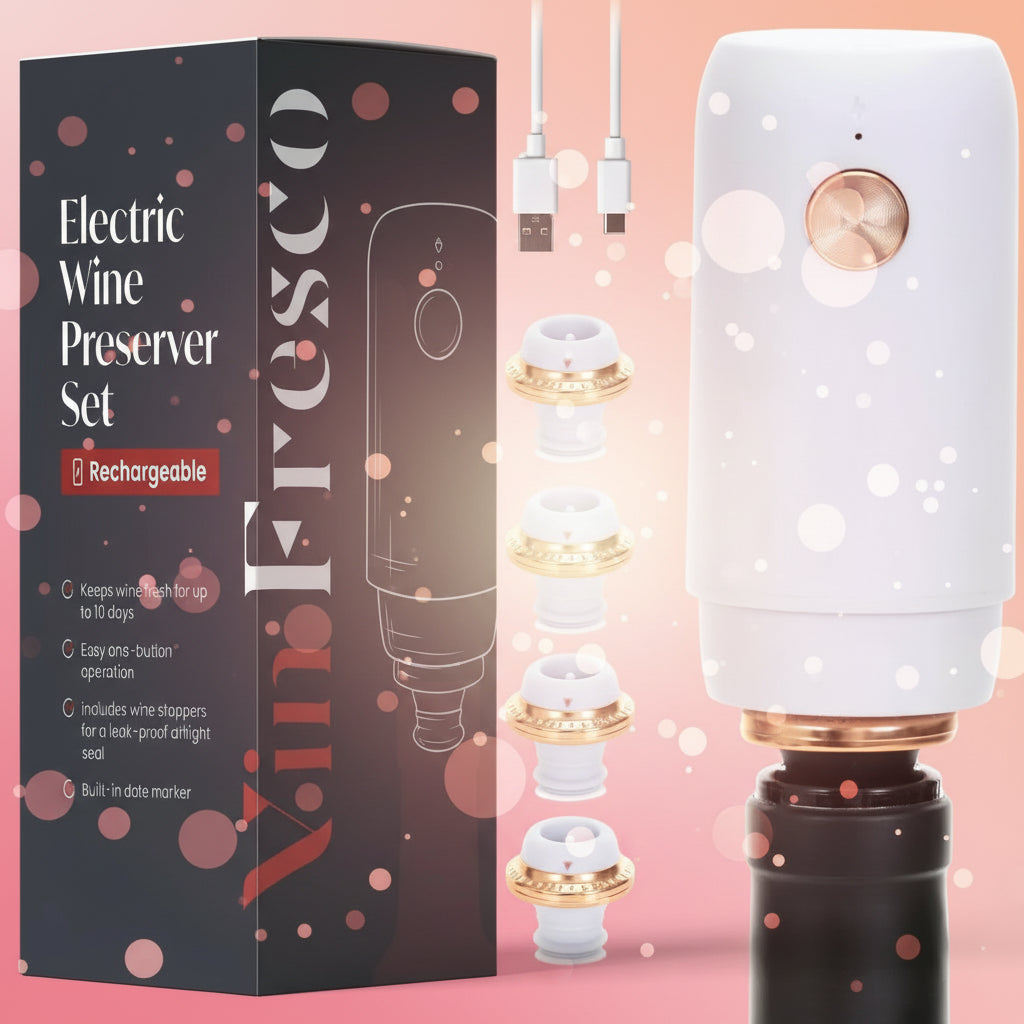 Electric wine preserver set with packaging, including a white device and multiple nozzles.