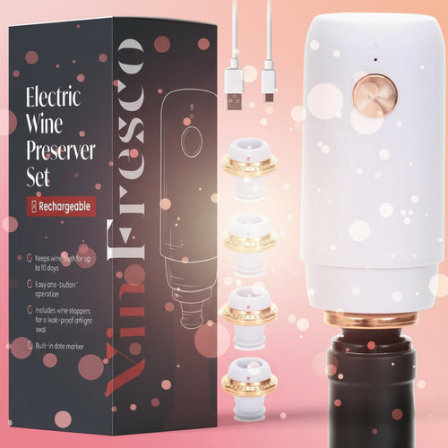 Electric wine preserver set with packaging, including a white device and multiple nozzles.