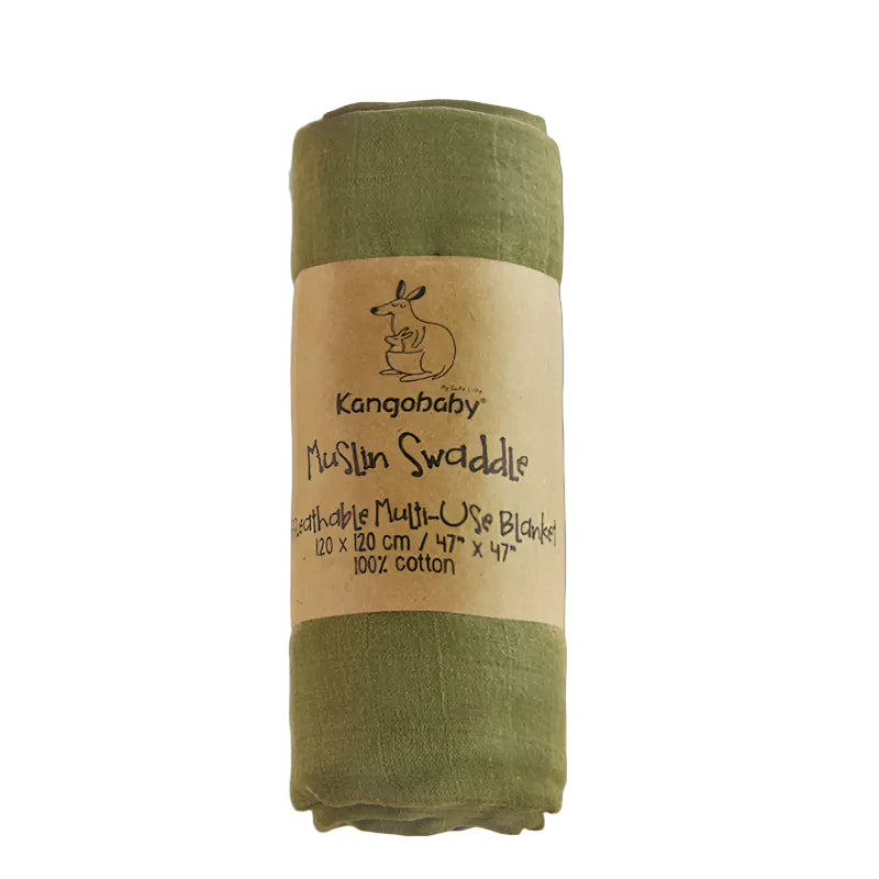 Green muslin swaddle blanket with a brown label on a white background
