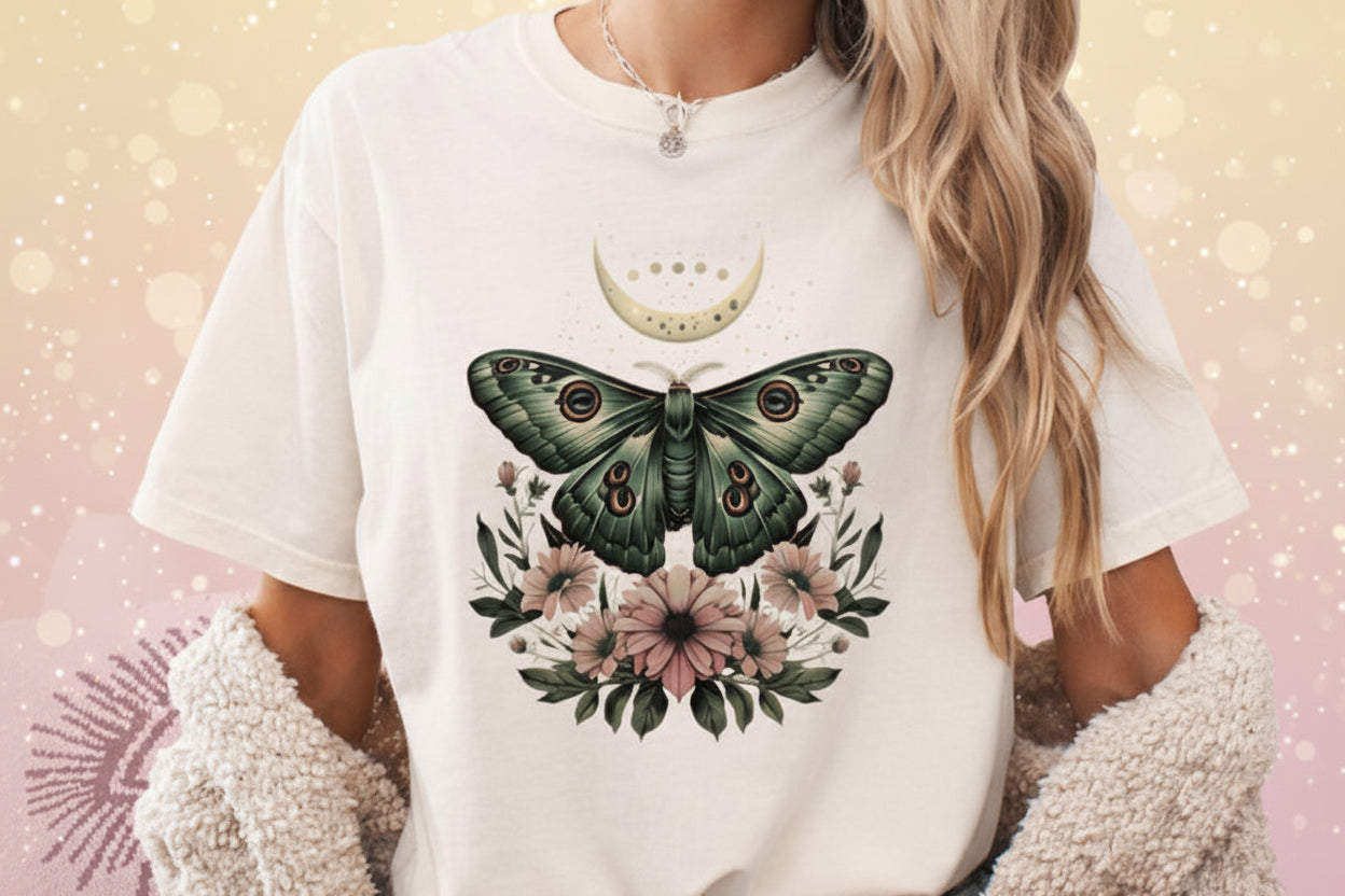 Bohemian Mystic Moon Phase Moth Comfort Colors Shirt-7