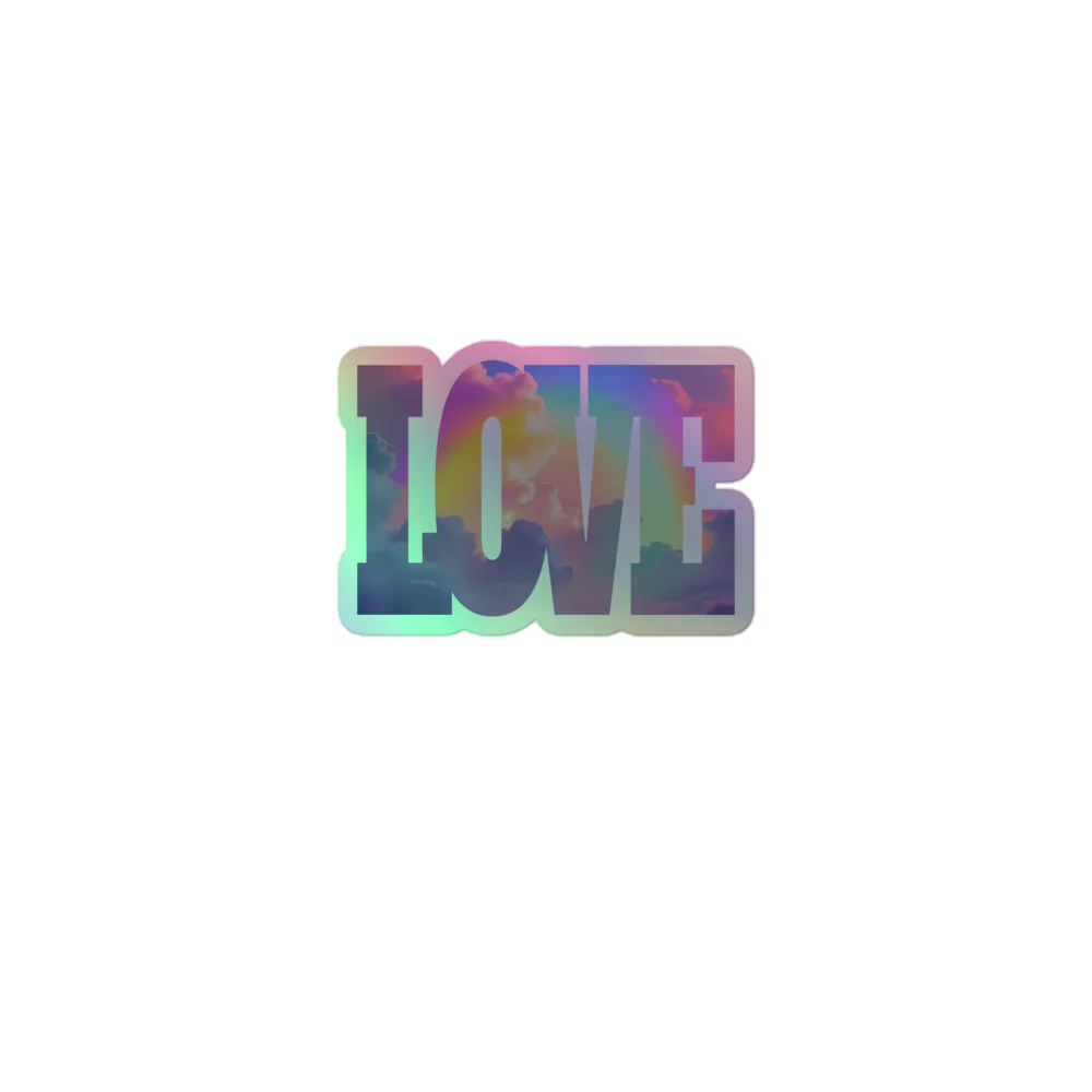 Holographic 'LOVE' sticker on a white background