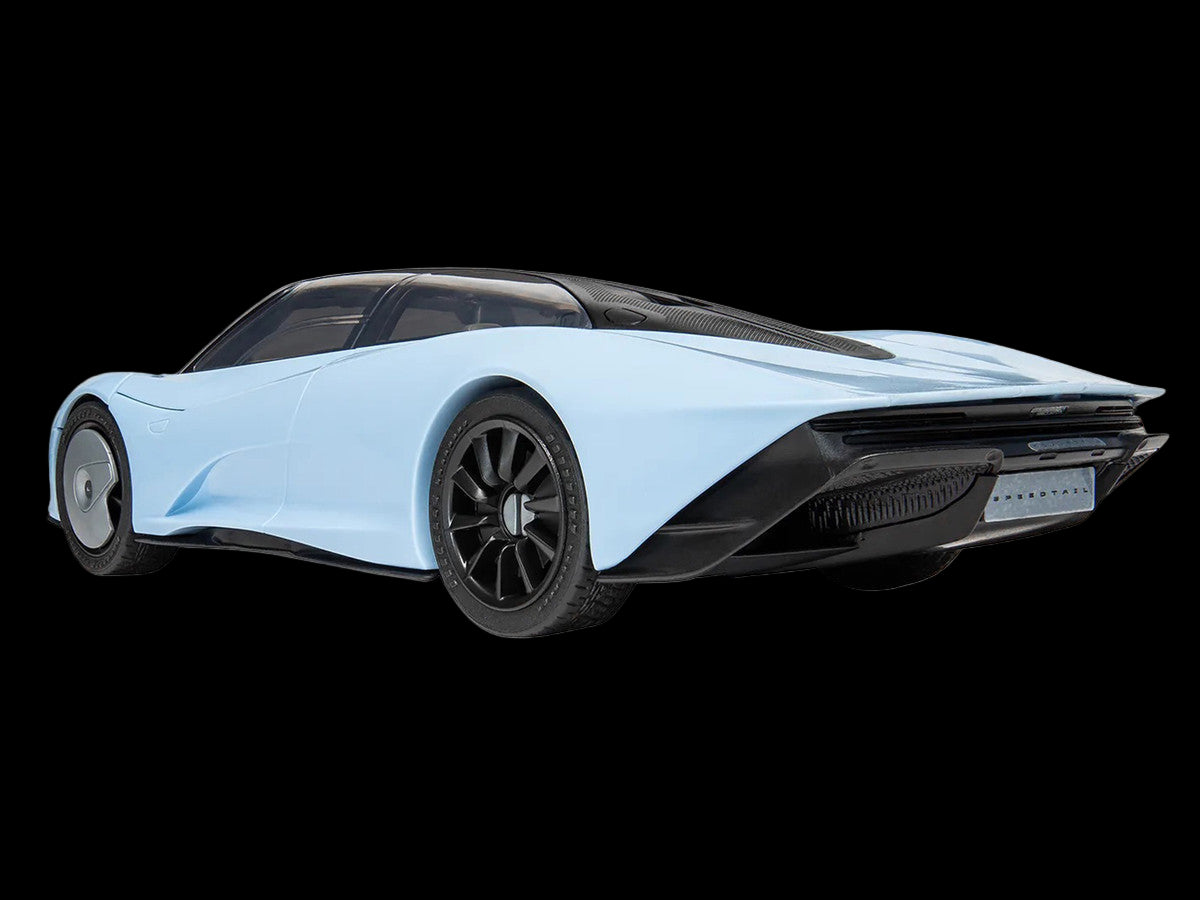  futuristic car with a light blue body and black accents on a white background