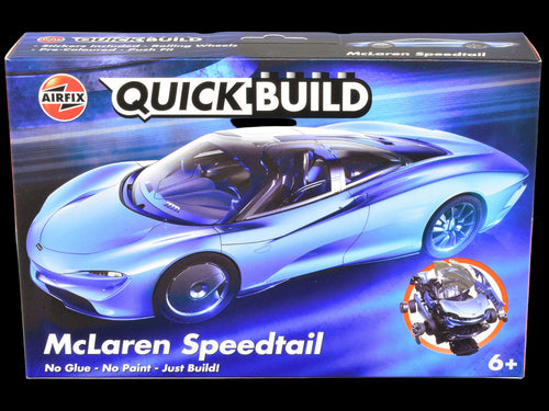 QuickBuild McLaren Speedtail model car kit packaging with Airfix logo.