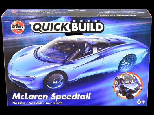 QuickBuild McLaren Speedtail model car kit packaging with Airfix logo.
