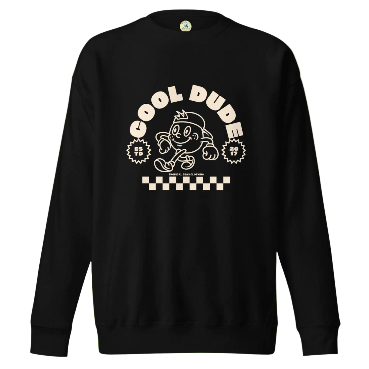 Black sweatshirt with 'Cool Dude' graphic design on a white background