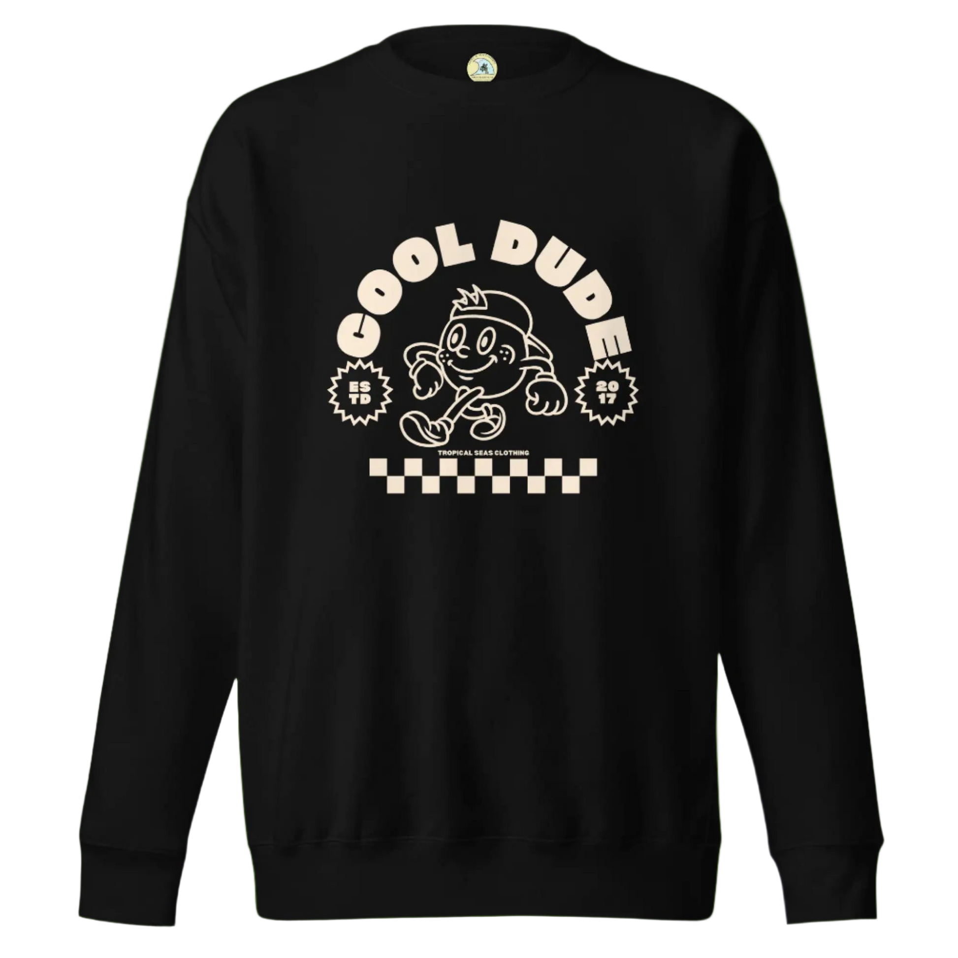 Black sweatshirt with 'Cool Dude' graphic design on a white background