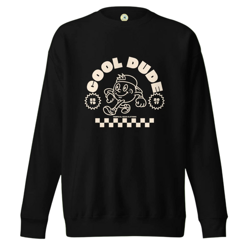 Black sweatshirt with 'Cool Dude' graphic design on a white background