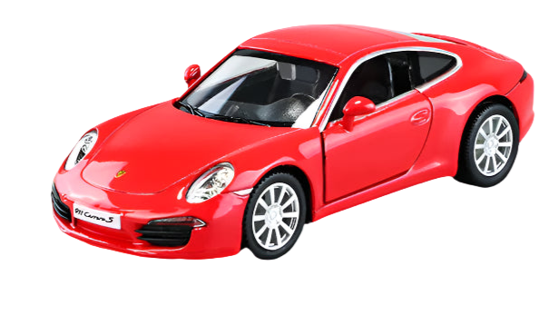 Red toy car model on a white background