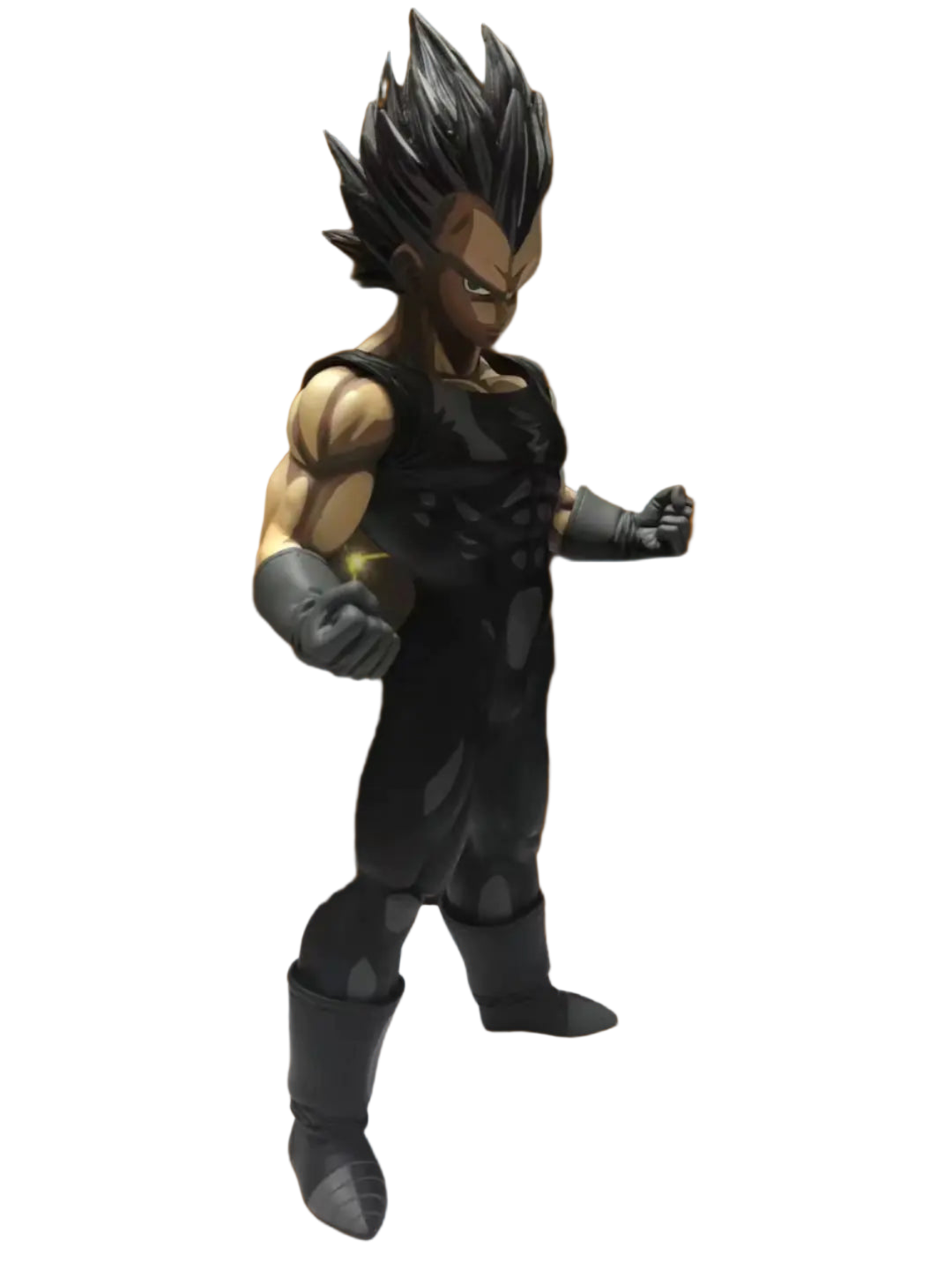 Action figure in black and gray outfit on a reflective surface with dark background