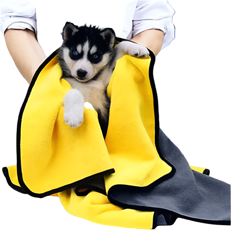 Person holding a small dog wrapped in a yellow and gray blanket