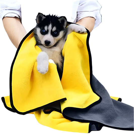 Person holding a small dog wrapped in a yellow and gray blanket