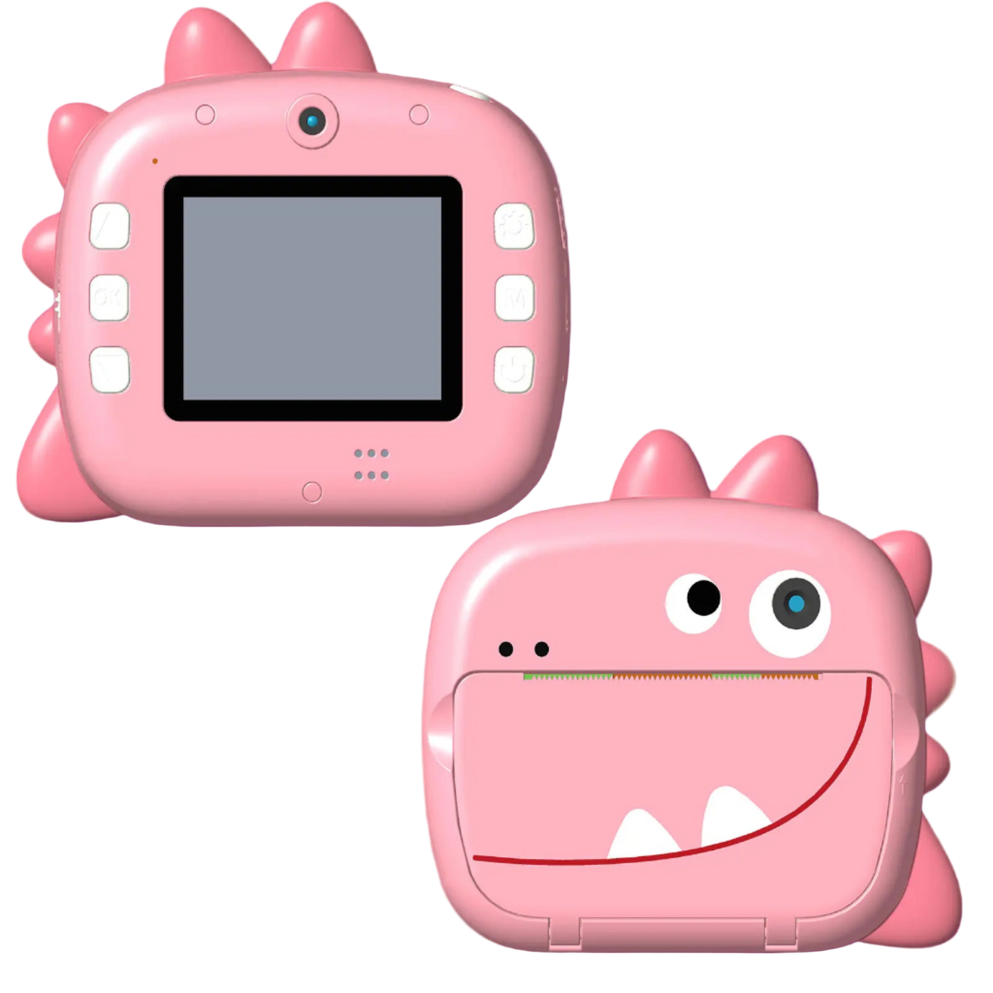 Pink dinosaur-shaped camera and case on a white background