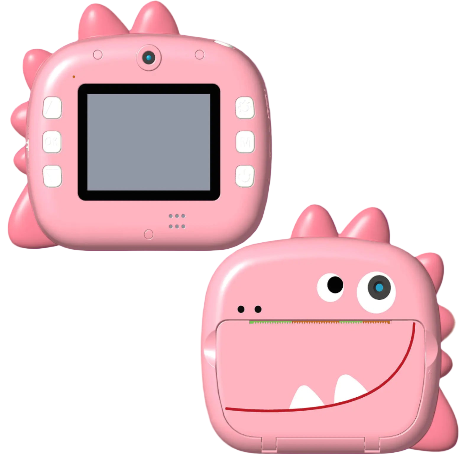 Pink dinosaur-shaped camera and case on a white background