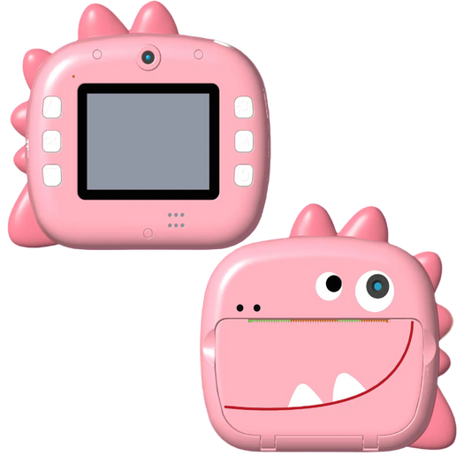 Pink dinosaur-shaped camera and case on a white background