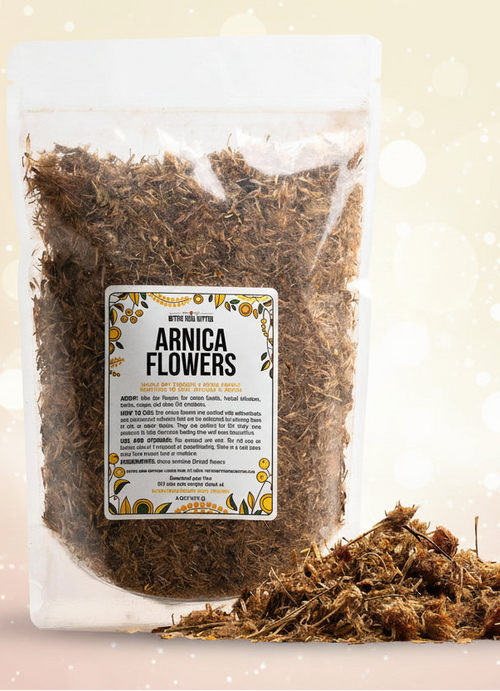 Bag of Arnica Flowers with a label on a white background