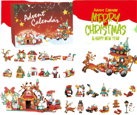 Christmas-themed Advent Calendar with various small toys and decorations on a white background.
