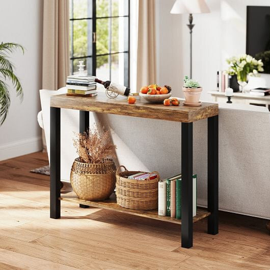 2-Tier Home Bar Table with Open Shelves and Storage for Home Kitchen Living Room Pub-Rustic Brown-0