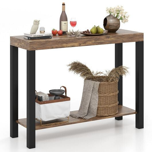 2-Tier Home Bar Table with Open Shelves and Storage for Home Kitchen Living Room Pub-Rustic Brown-2