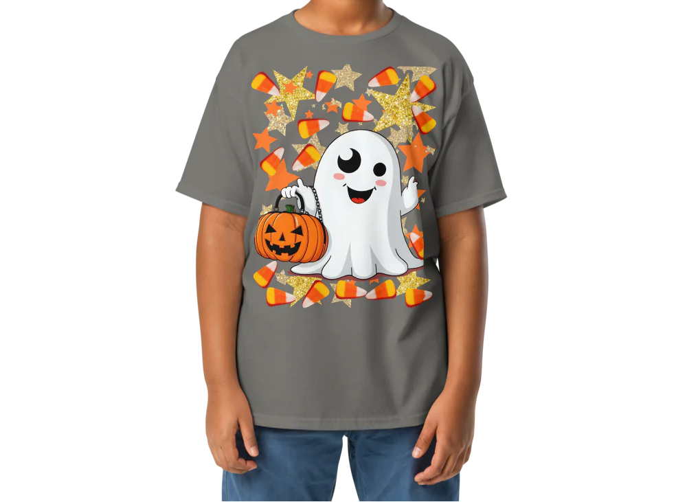 Child wearing a Halloween-themed t-shirt with a ghost, pumpkin, and candy corn design on a white background.