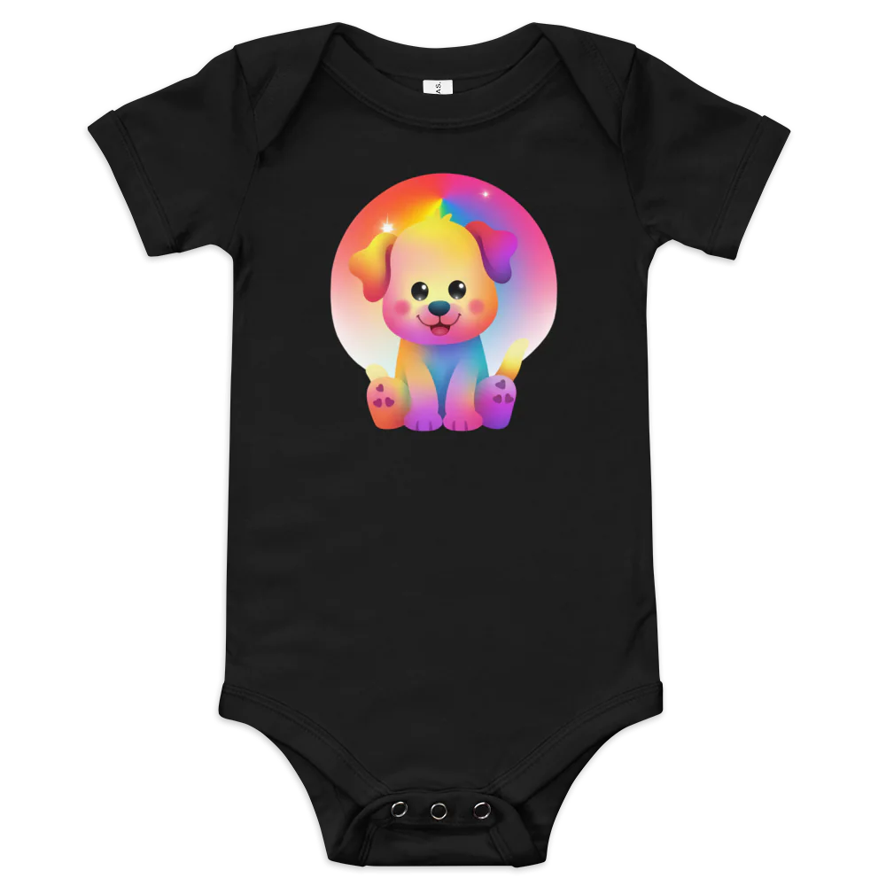 Black baby onesie with a colorful cartoon dog design on a white background