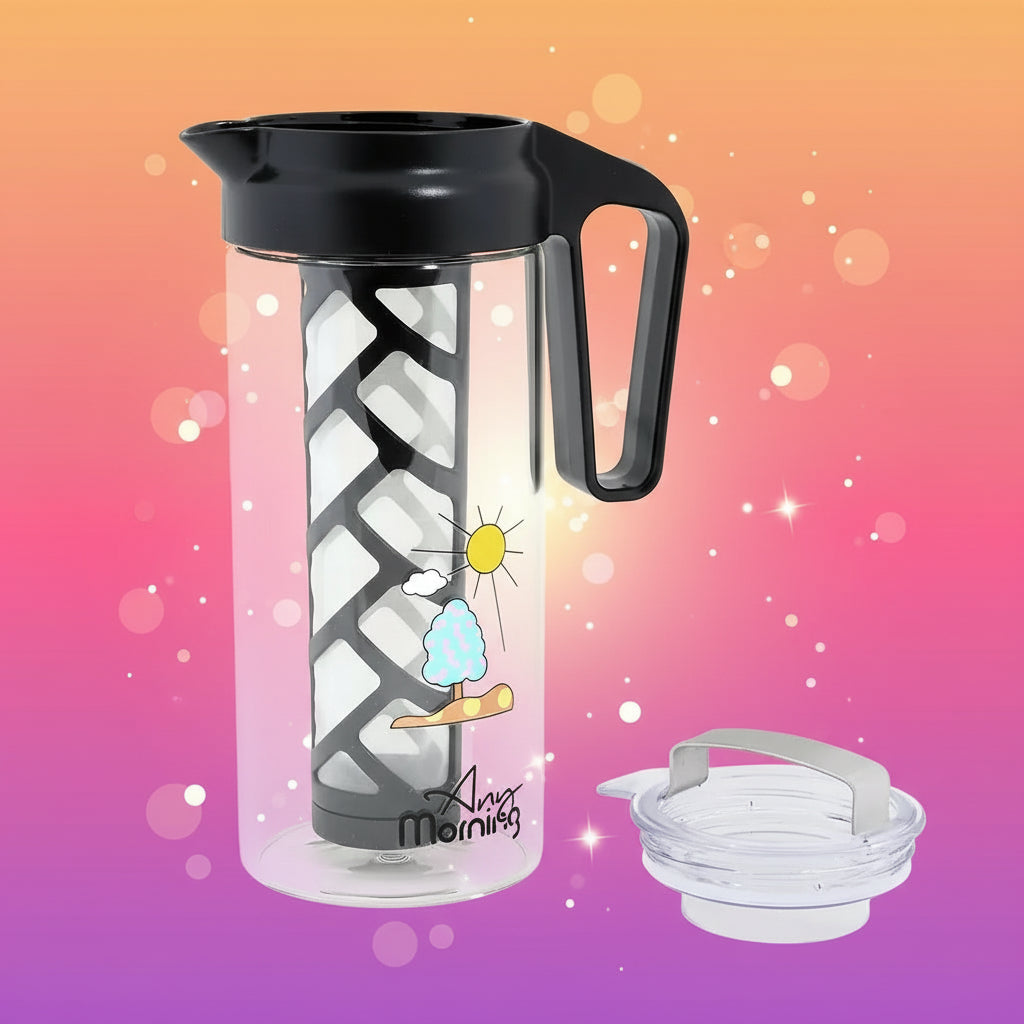 Black and clear pitcher with handle and lid on a white background