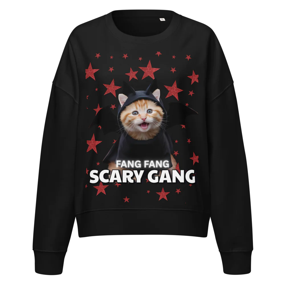 Black sweatshirt with a cat in a black outfit and red stars on a white background