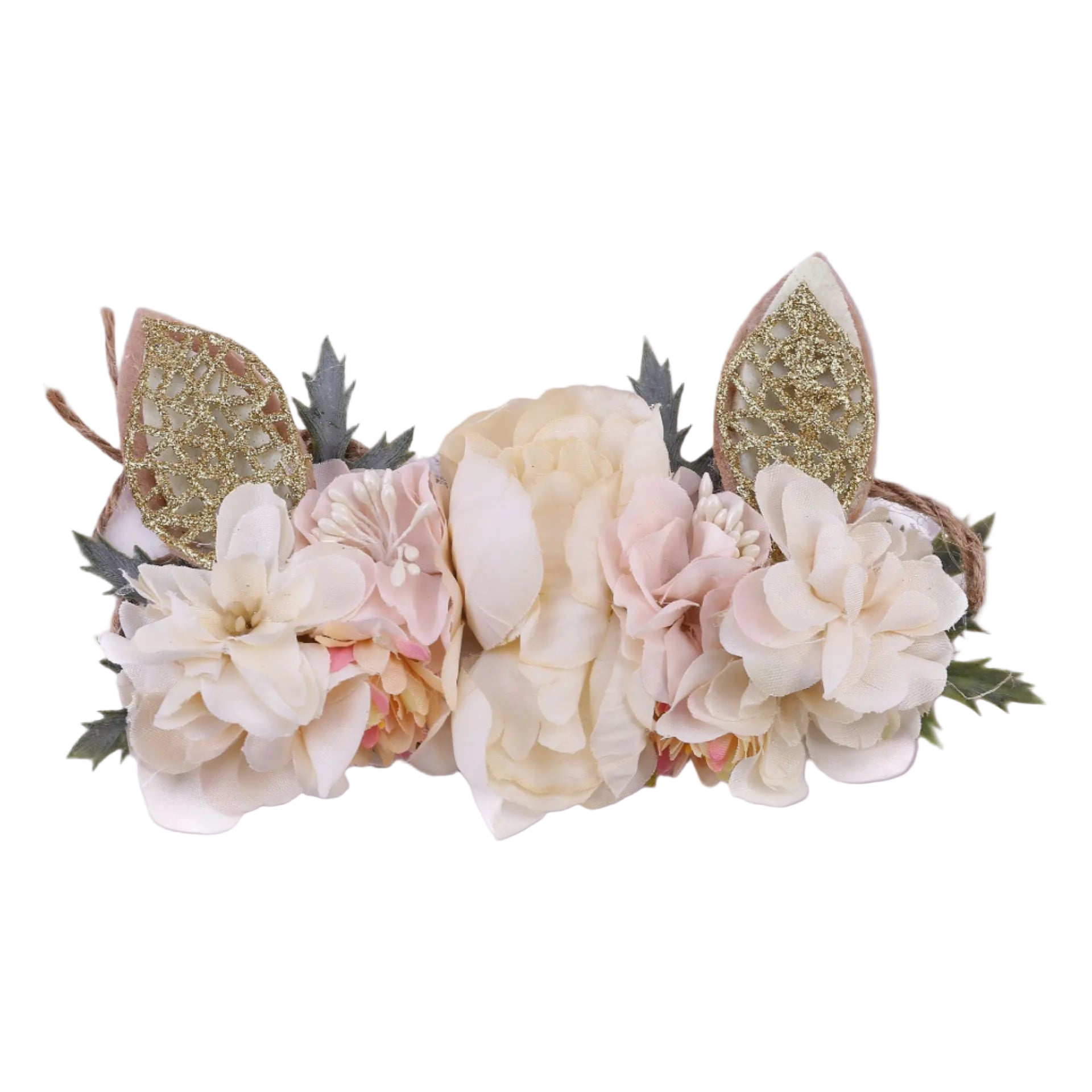 Floral headband with gold bunny ears on a white background