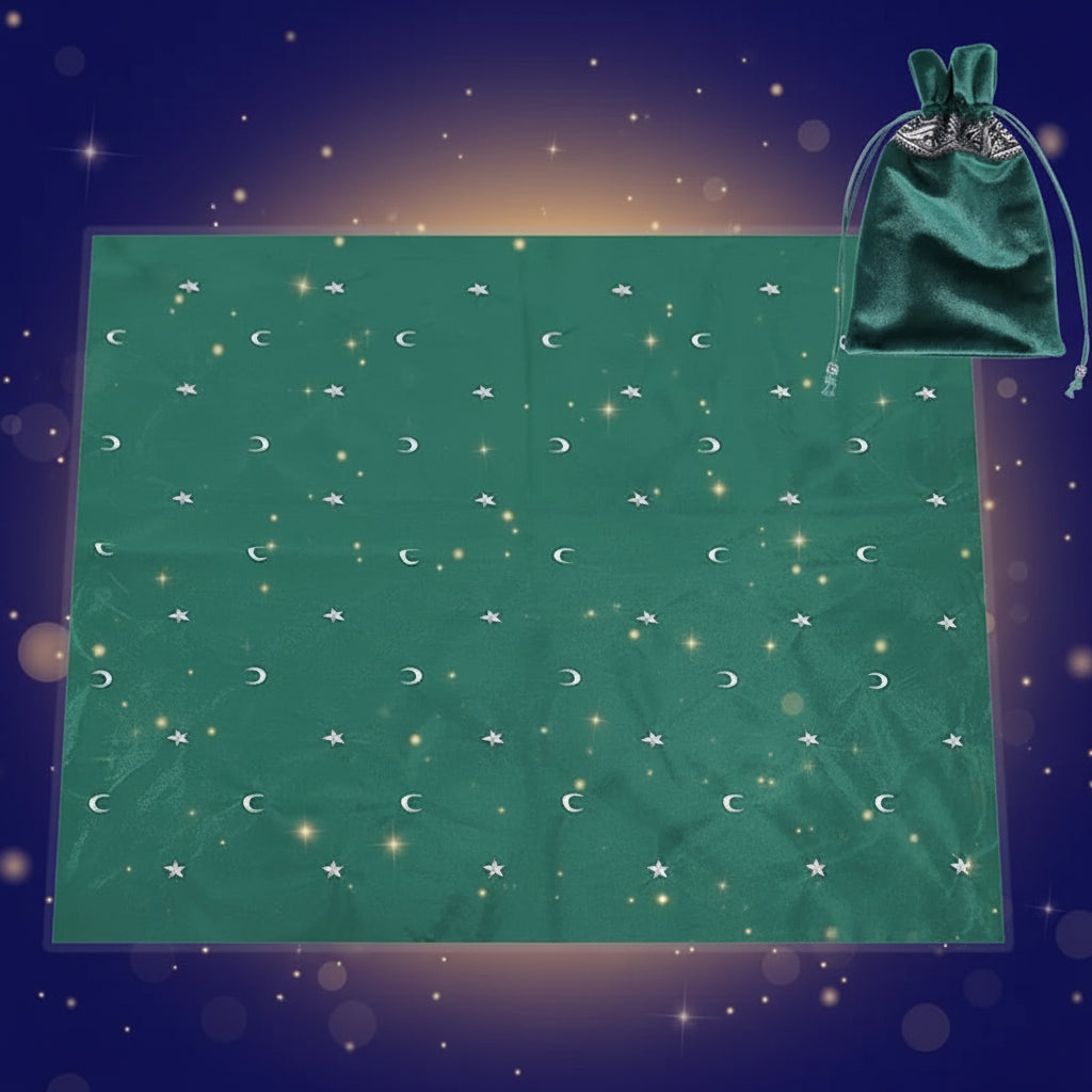 Green fabric with star and moon patterns and a matching drawstring bag on a white background