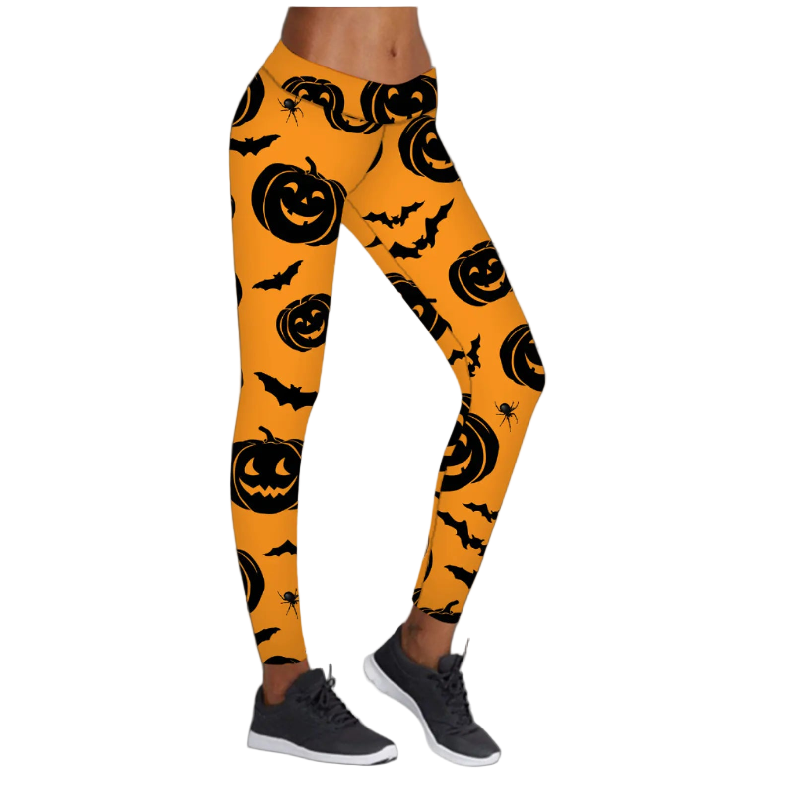 Halloween-themed leggings with pumpkins, bats, and spiders on a white background