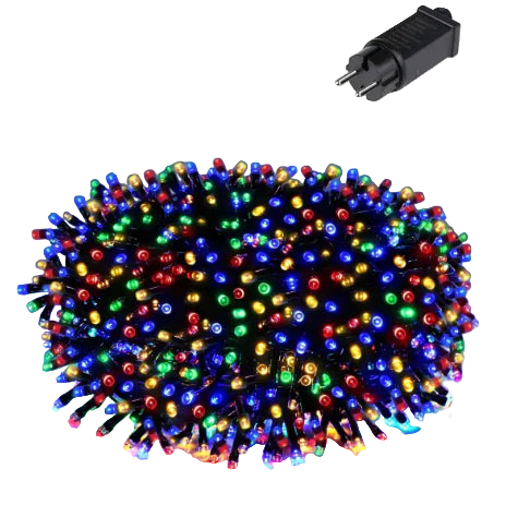 Multicolored string lights with a plug on a blue background