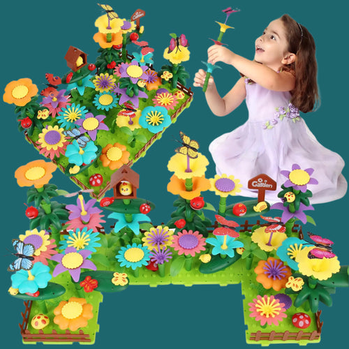Child playing with a colorful toy garden set on a white background