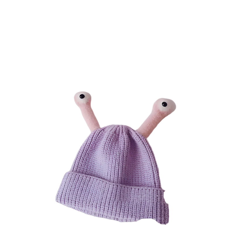 Purple knitted hat with pink bunny ears on a light gray background