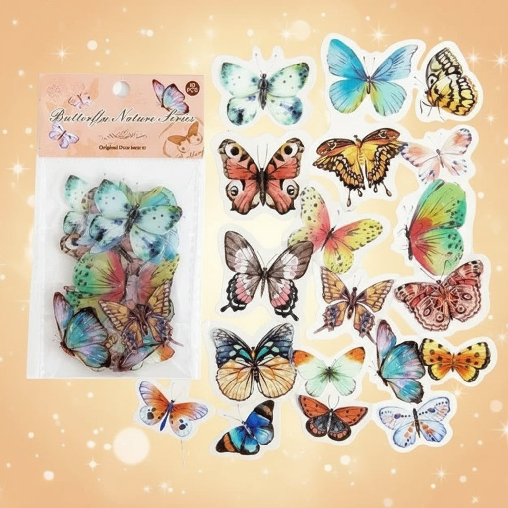 Colorful butterfly stickers with packaging on a white background