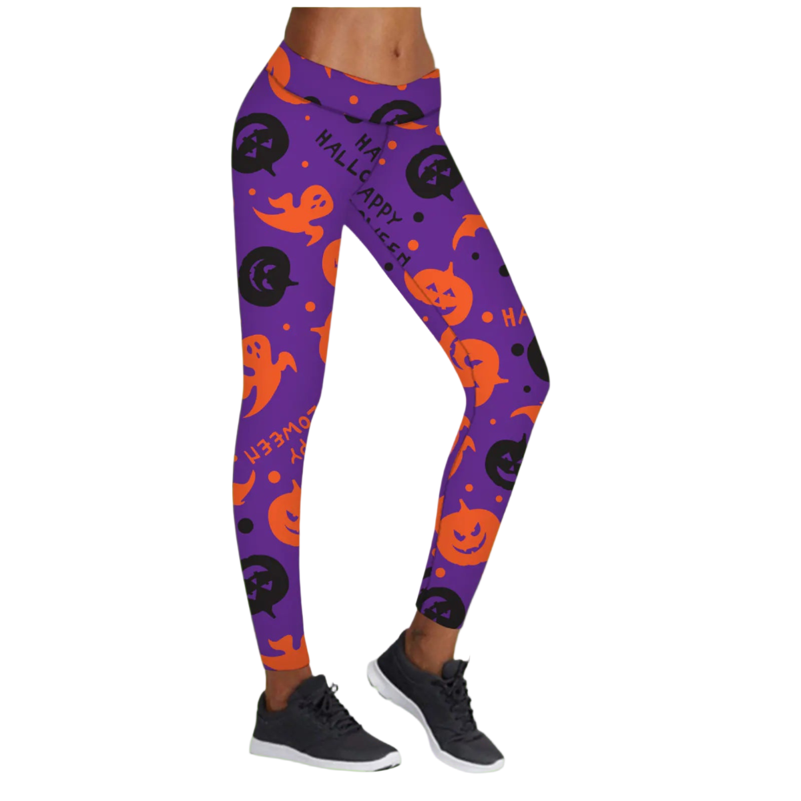 Purple leggings with Halloween-themed design on a white background