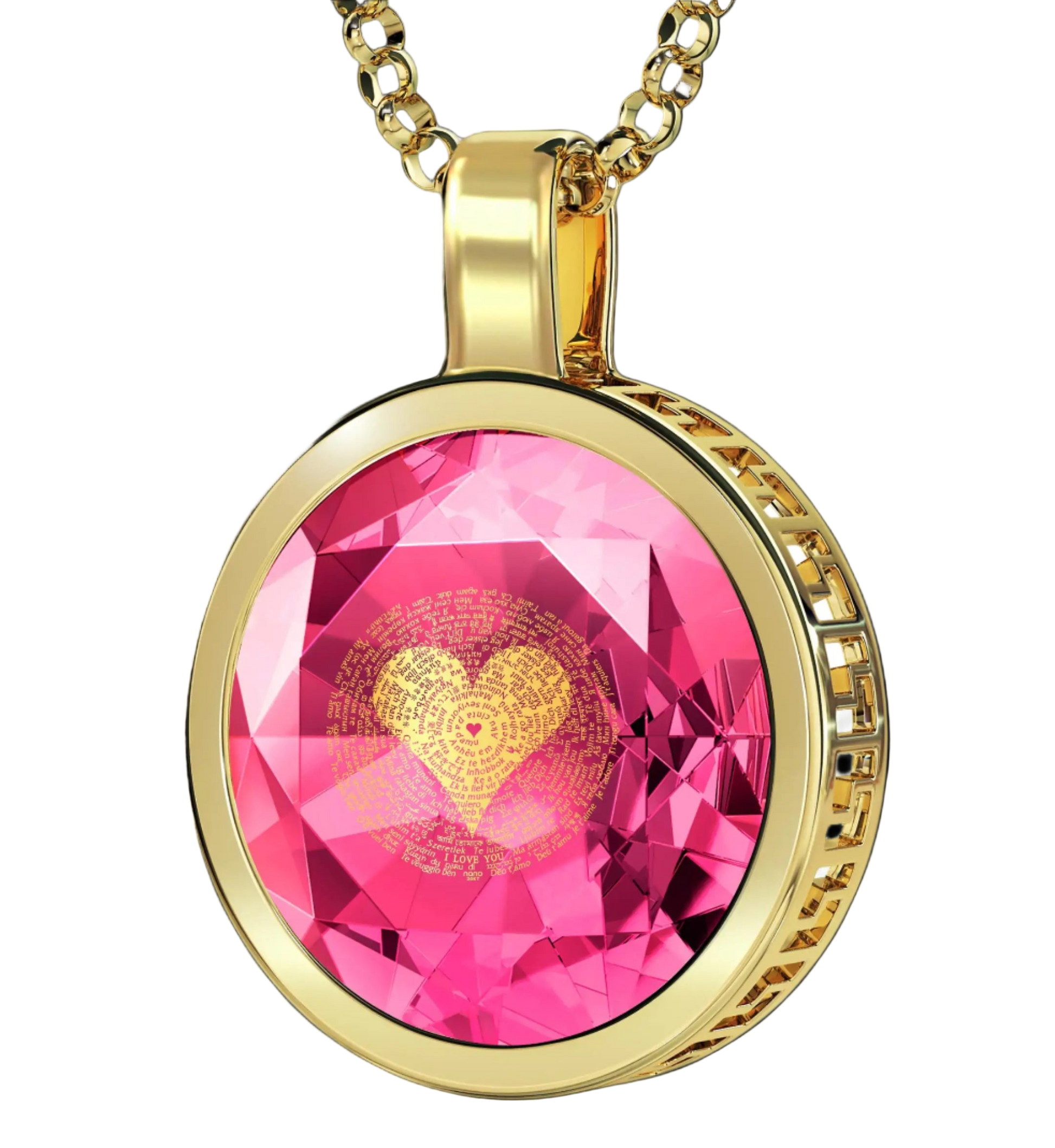 Gold necklace with a pink gemstone pendant featuring a heart design on a white background