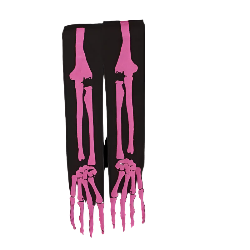 Black gloves with pink skeleton design on a white background