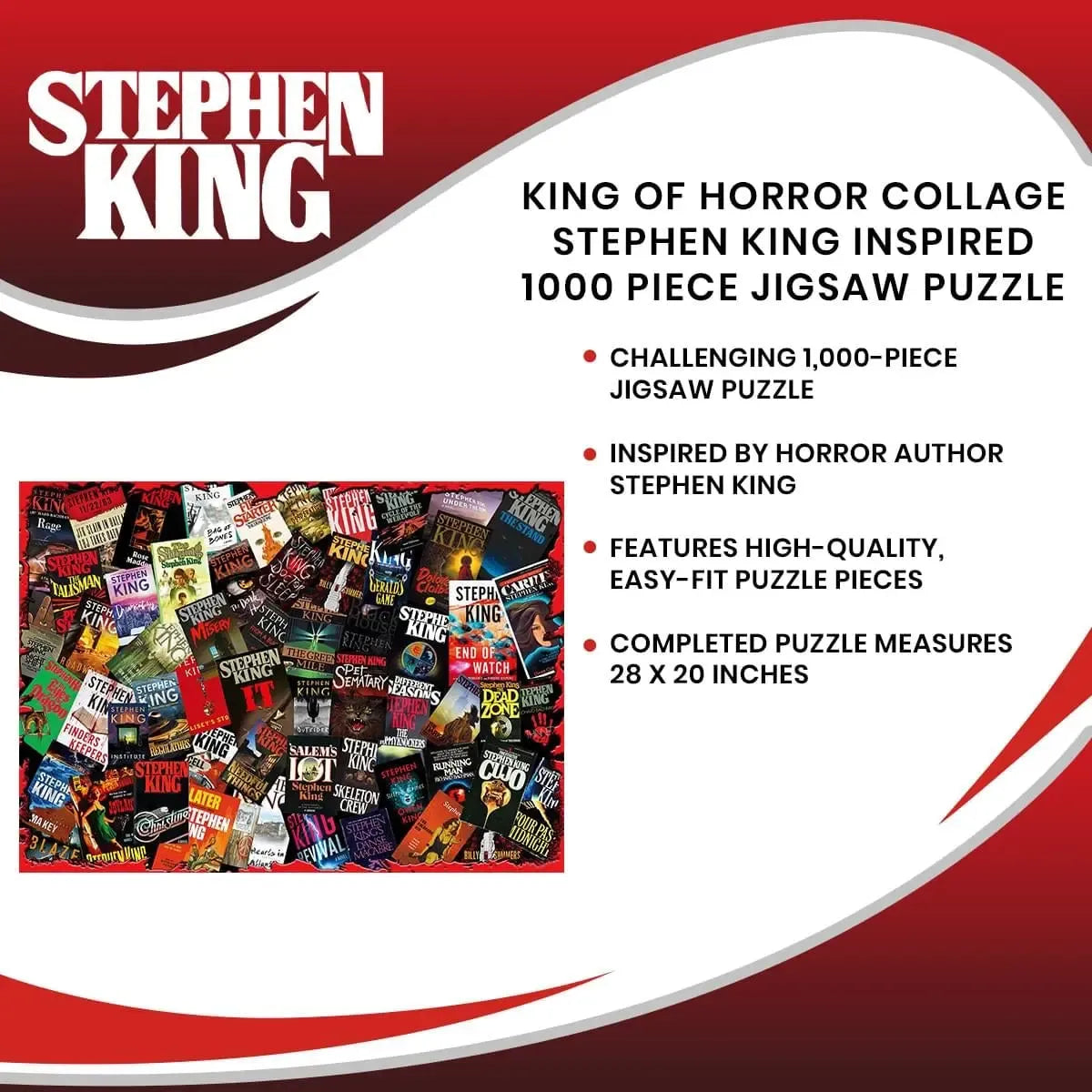 Stephen King themed 1000-piece jigsaw puzzle packaging graphic. The design features a red and white layout with the 'STEPHEN KING' logo in white on a dark red background, product text detailing the 'King of Horror Collage' theme, and a square preview image of the completed puzzle collage showing various book covers.