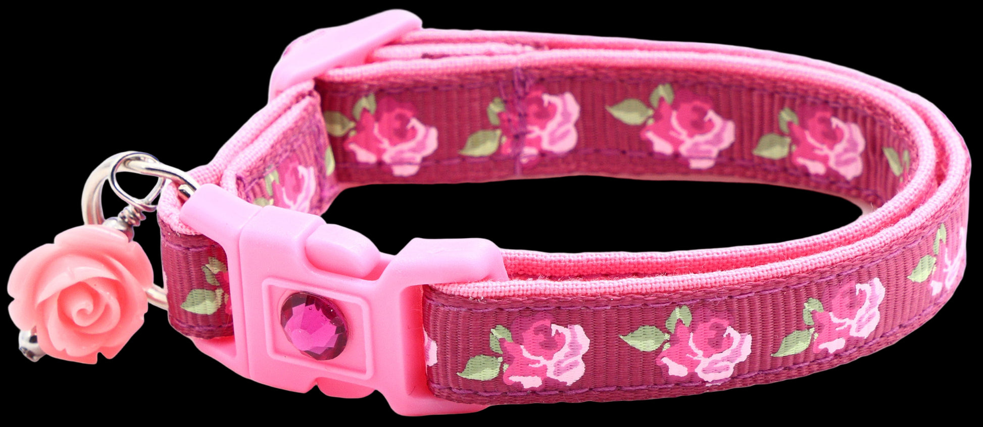 Pink floral dog collar with a matching tag on a white background
