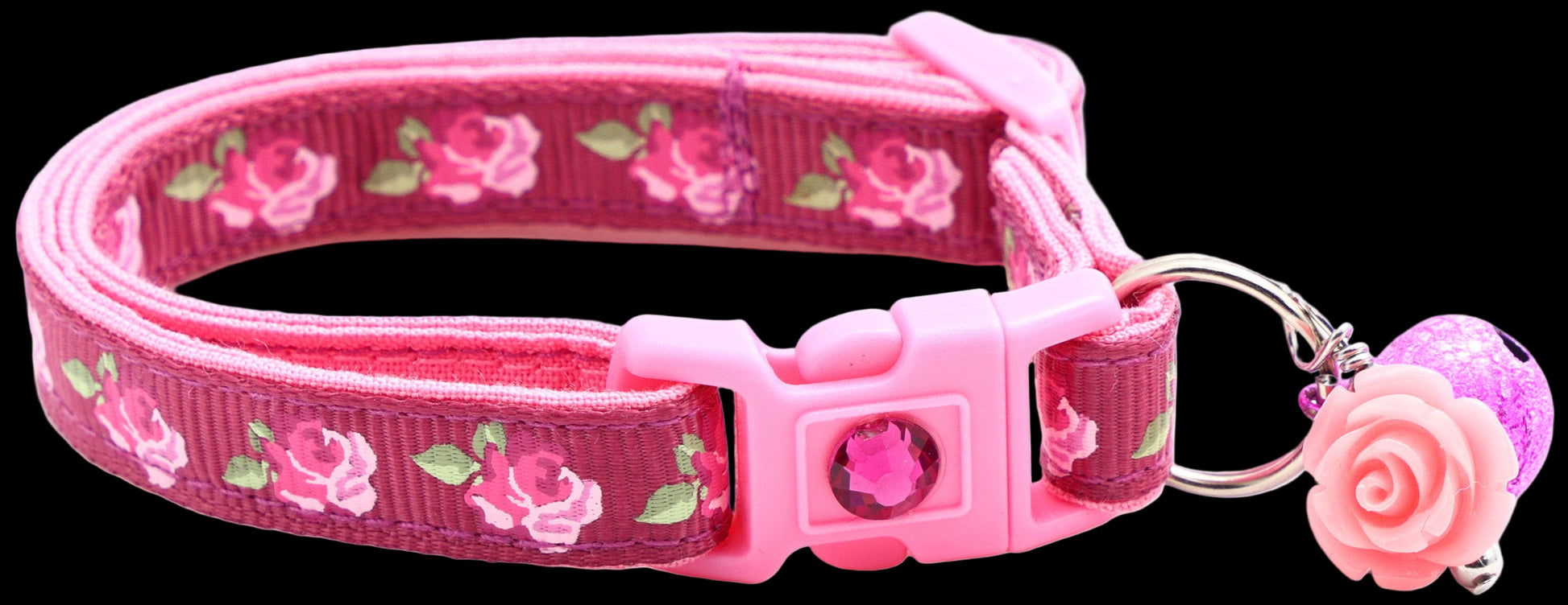 Pink floral dog collar with a matching keychain on a white background
