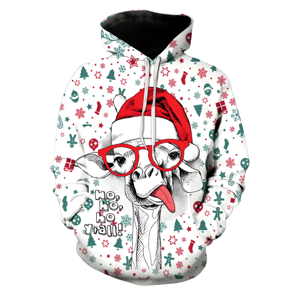 Hoodie with a reindeer design wearing a Santa hat and red glasses on a white background.