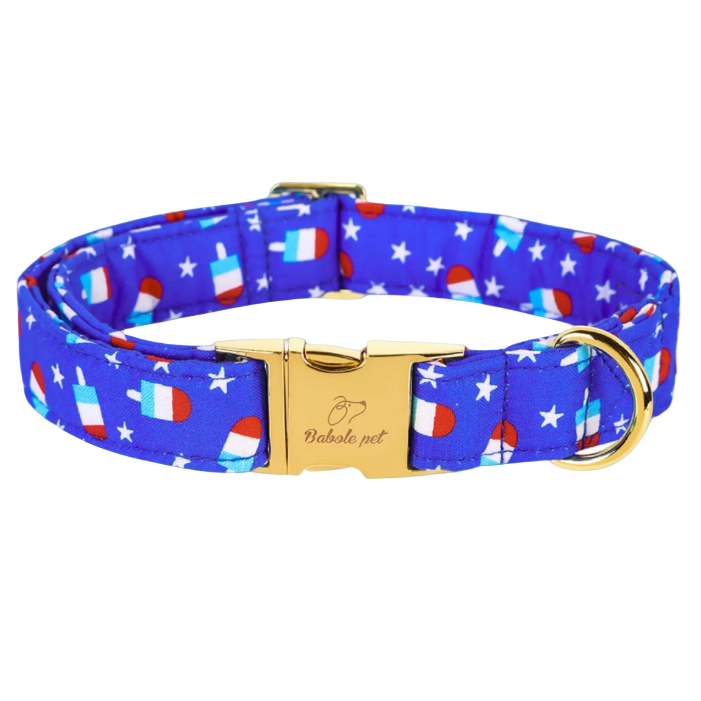 Dog collar with blue background and colorful pattern on a white background