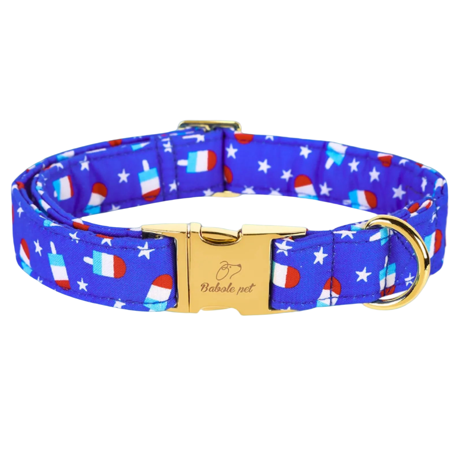 Dog collar with blue background and colorful pattern on a white background