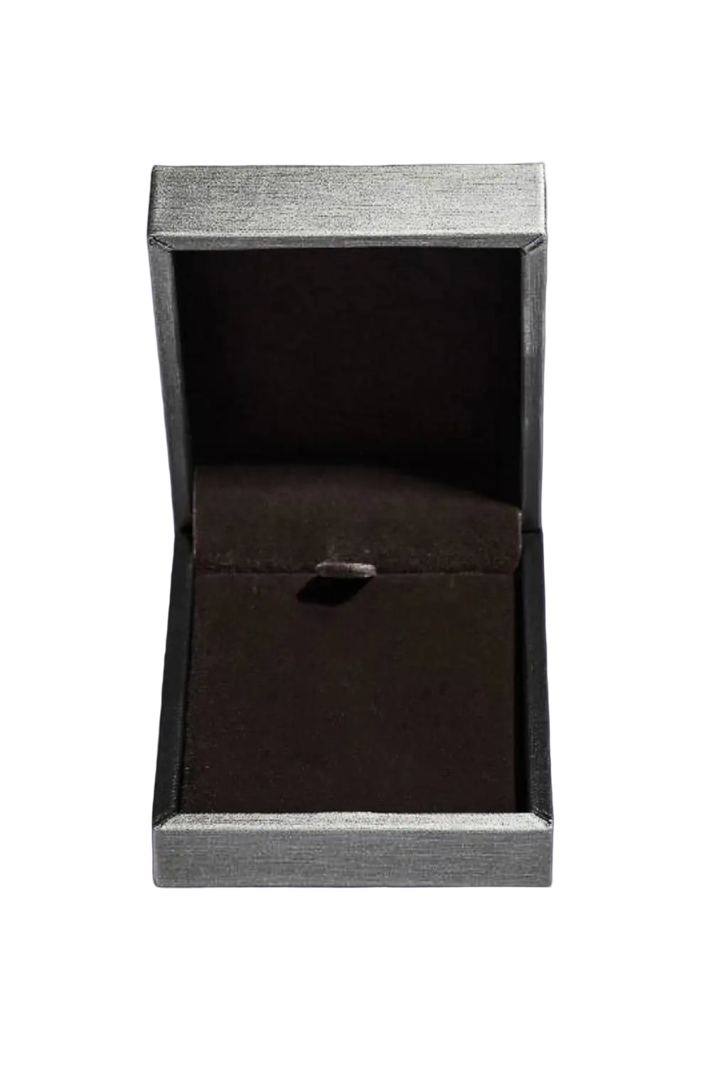 Black jewelry box with a silver clasp on a white background
