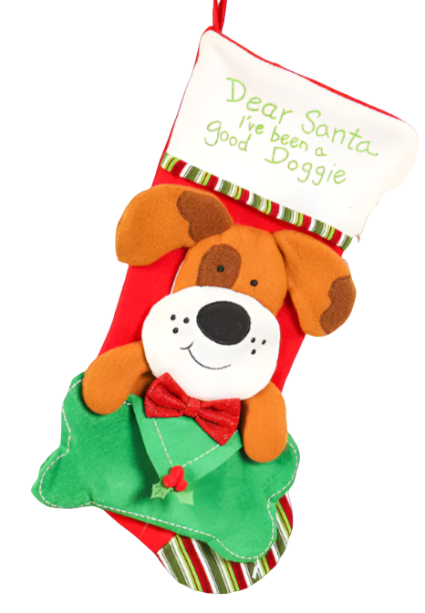 Christmas stocking with a dog design and text 'Dear Santa, I've been a good doggie' on a decorative background.
