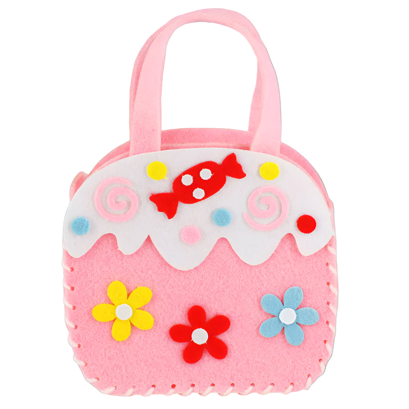 Pink children's handbag with candy and flower designs on a white background
