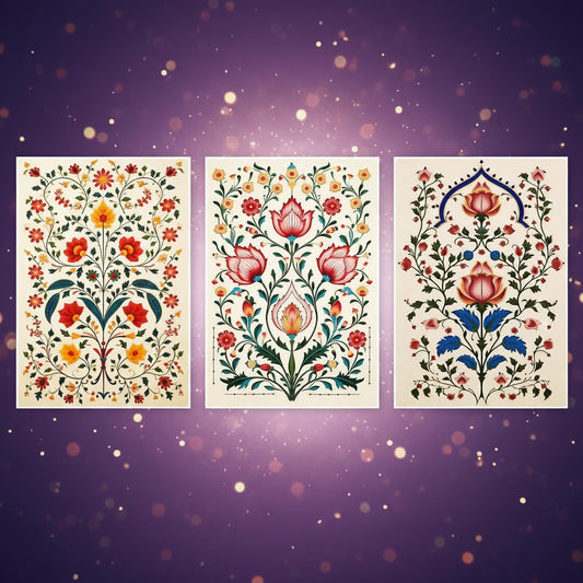 Three floral art prints with intricate designs on a white background